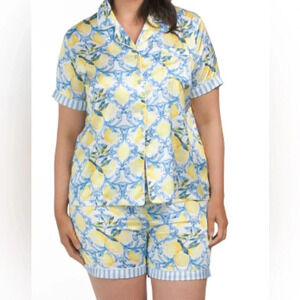 Dalia Macphee Satin Lemon Shorty Pajama Set Collared Medium 🍋 NWT!!